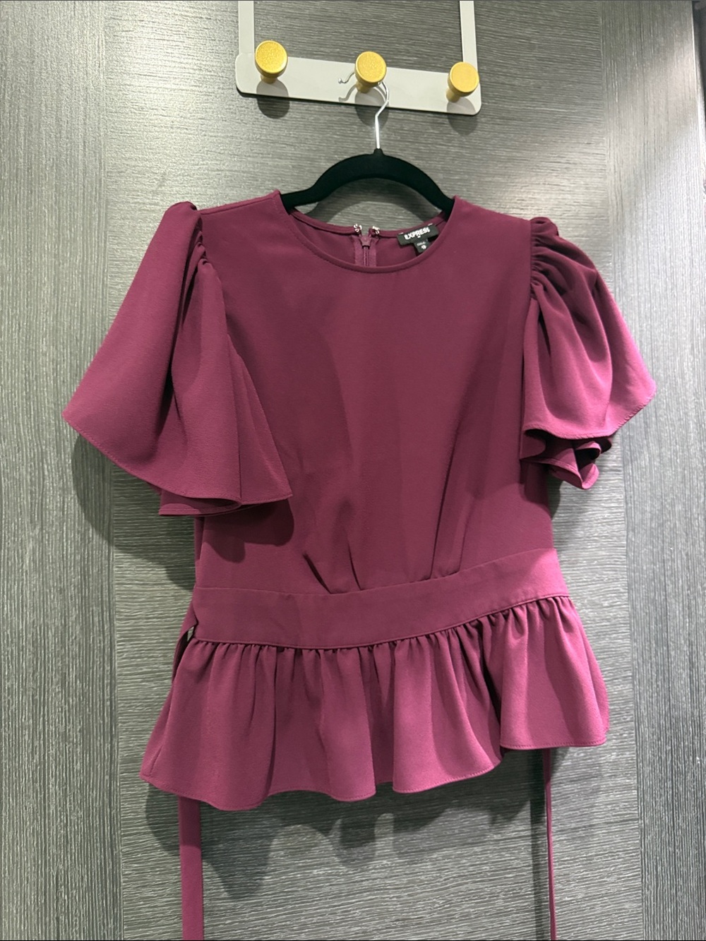 Express Plum Peplum Blouse with Flutter Sleeves